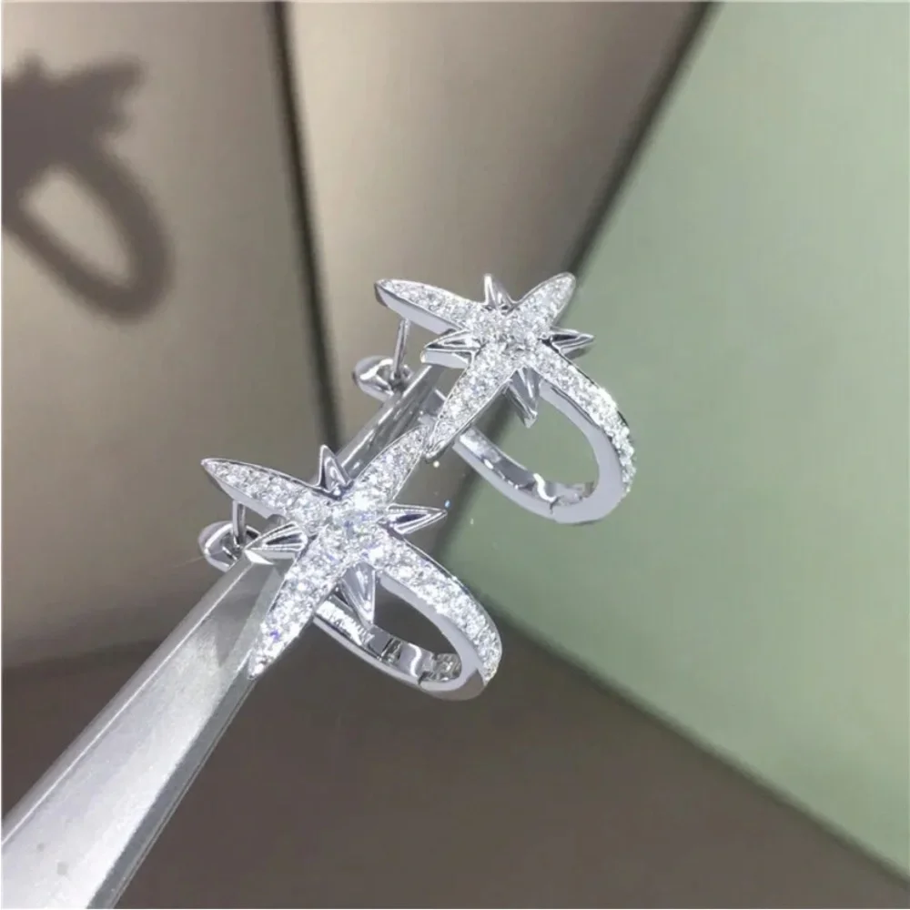 New Sterling Silver White Sapphire Star Huggies